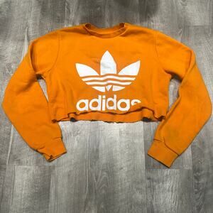 Adidas Originals Cropped Sweatshirt Orange Trefoil Logo Raw Hem Long Sleeve Sml